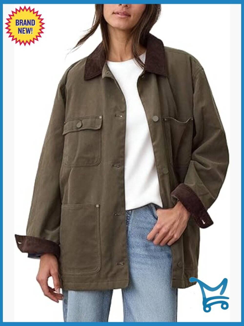 Oversized Utility Cotton Jacket Corduroy Collar Workwear with Pockets
